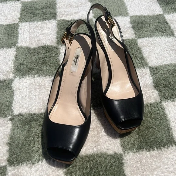 PRADA BLACK PEEP TOE CORK PLATFORM PUMPS - box included - Picture 9 of 17